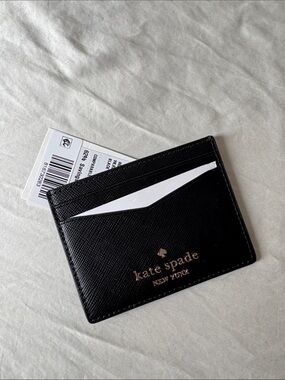 NWT Kate Spade Black Leather Card Case with Gold Logo